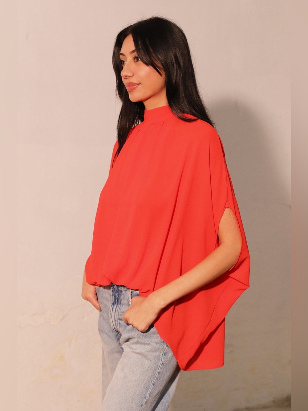 Coral Mock Neck Caftan Oversized Tie-Back Blouse Resortwear Top M